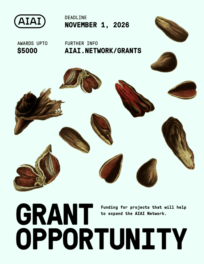 Promotional graphic for the Atlanta Interdisciplinary AI Network (AIAI) Grant Opportunity, featuring botanical illustrations of scattered brown and red seeds on a pale mint background. Text reads: “Grant Opportunity. Funding for projects that will help to expand the AIAI Network. Awards up to $5,000. Deadline: November 1, 2026. Further info: aiai.network/grants.”